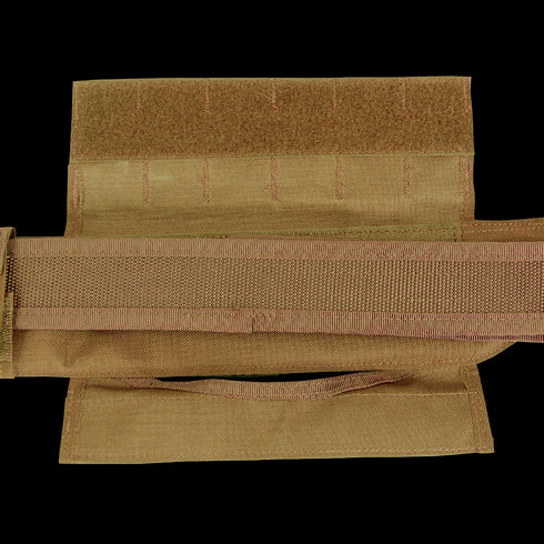 A close-up of the Condor Slim Battle Belt in MultiCam Black shows its Velcro fastenings and horizontal strap, lying open and flat—ideal for EDC or bushcraft essentials. Now on sale!.